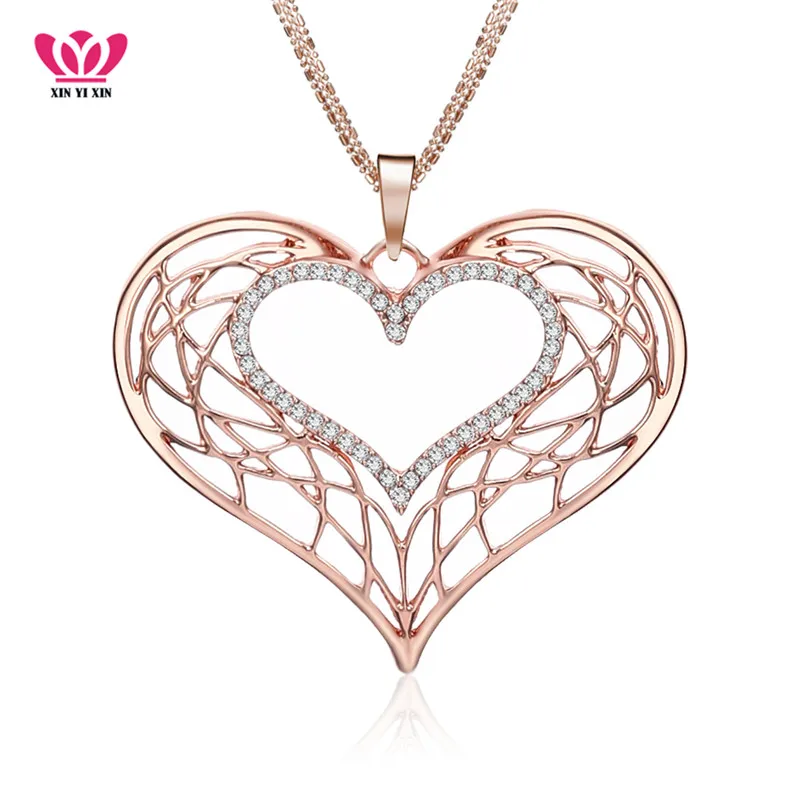 

2018 New Hollow Love Heart Pendant Necklaces for Women Sweater CZ Crystal Long Chains Collier Wedding Engagement Female Jewelry
