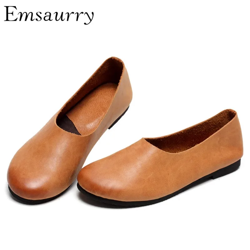 

Retro Glove Shoes Do-old Genuine Leather Round Toe Ballet Flats Slim Handmade Flat Shoes Woman Zapatos De Mujer
