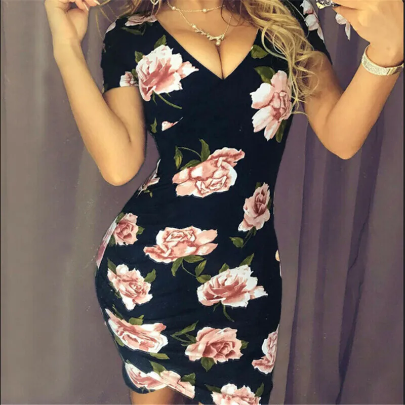 Trendy Women dress V neck casual Short Sleeve Floral print Bodycon