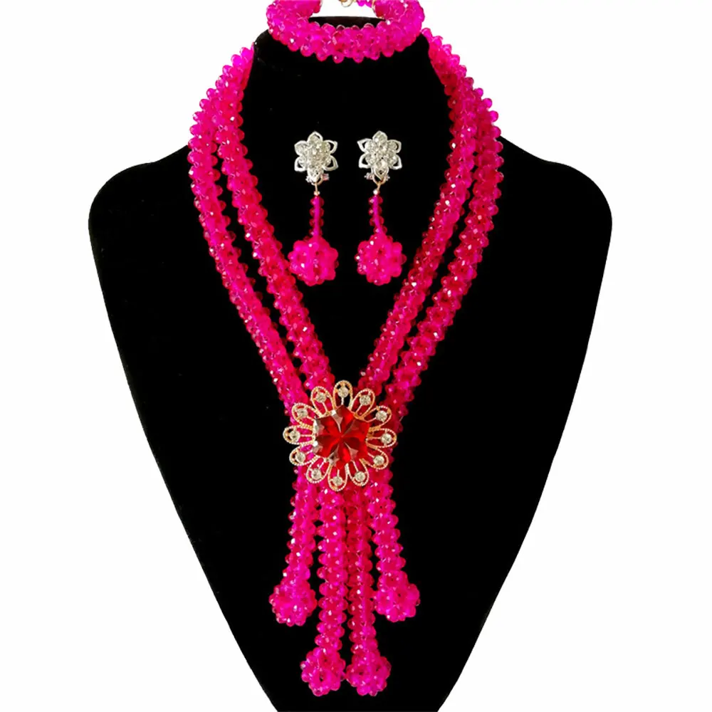 

Handmade Pink Women Party Beads Jewelry Sets African Wedding Bridal Costume Nigerian Beads Crystal Necklace Set
