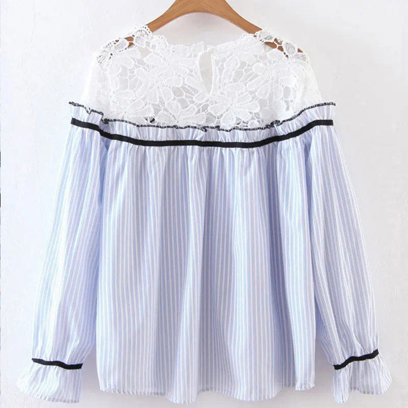 Crochet Hollow Out Lace Neck Vertical Striped Women Loose Blouse Long Sleeve Casual Summer Tops Plus Size Fashion 2017 |