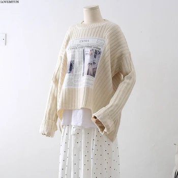 

2019 Fall Office Lady High Street Casual Simple Women Sweaters Loose Character Print Girls Female Tops