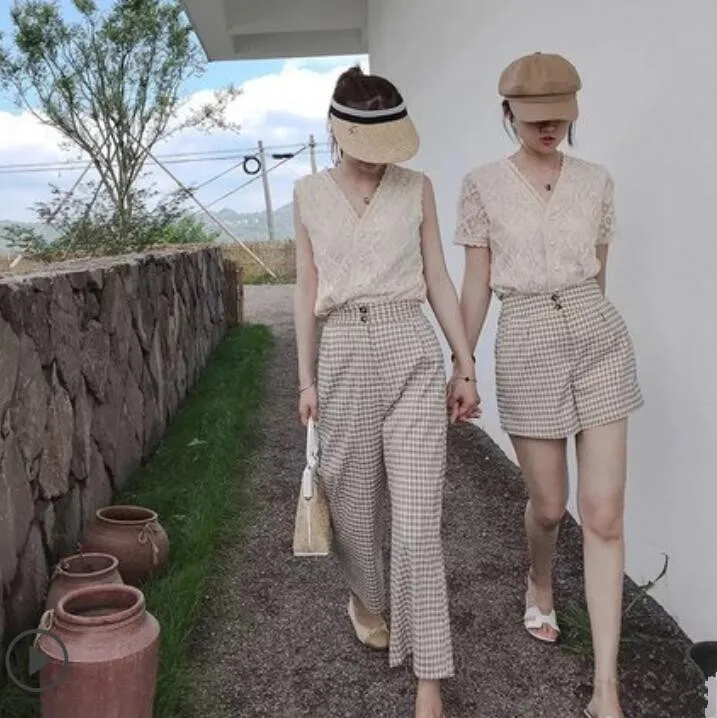 النساء مجموعة 2019 مثير الصيف V الرقبة الدانتيل بلوزة أعلى و منقوشة السراويل عالية الخصر مكتب سيدة خمر 2 قطعة مجموعة تجهيزات الملابس