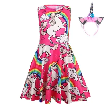 

MUABABY Girls Unicorn Dress Sleeveless O Neck Vintage Swing Unicornio Clothes Children Summer Cool Elegant Party Sundress Outfit