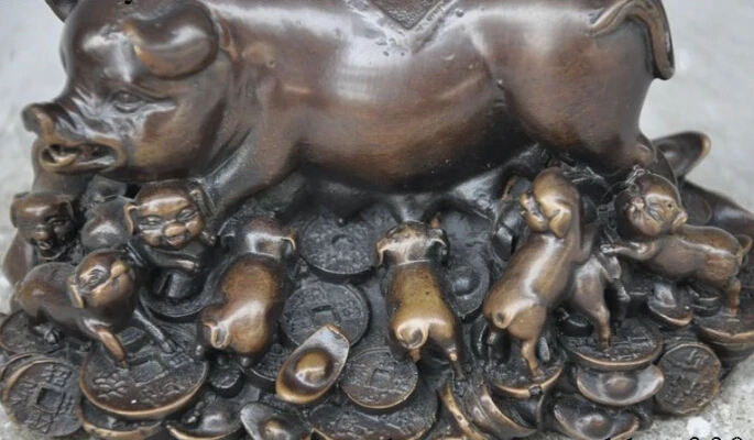 

S0057 chinese fengshui bronze animal zodiac pig Porcine Swine wealth money coin statue