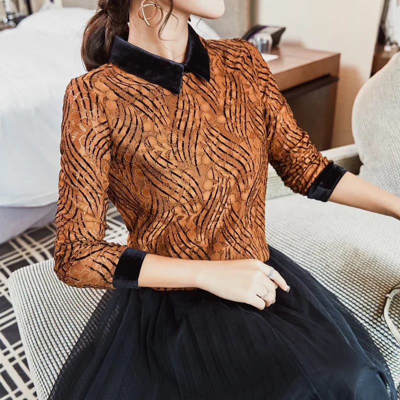 2018 New Autumn Slim Super Fairy Brim Velvet Blouse Shirt Black Caramel