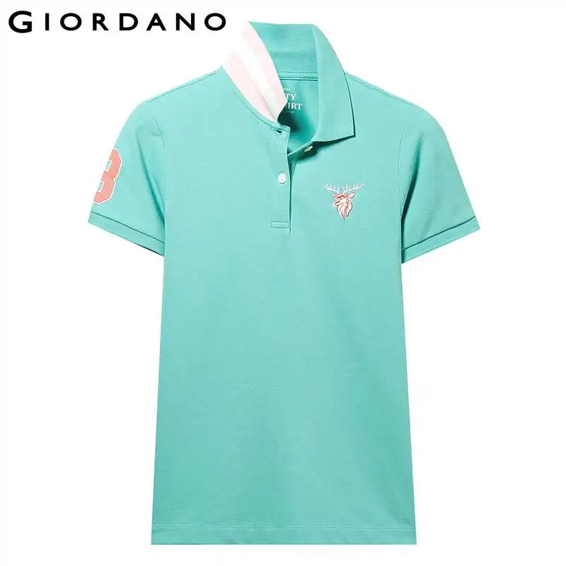 Giordano женская футболка Polo с короткими рукавами и вышивкой оленьей головы на груди, выполнена из хлопка и спандекса, есть несколько цветов и моделей данной футболки - Цвет: 64Blue