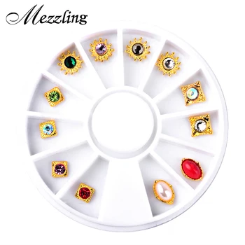 

12pcs/Box Glitter Colorful Gold Edge Nail Rhinestone Pearl Decorations 3d Alloy Charm Design Nail Jewelry Wheel Tools