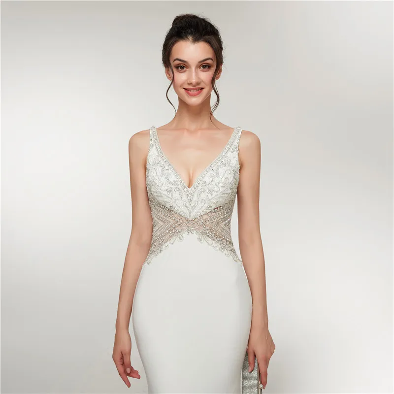 Elegant White Evening Dress Long 2018 Mermaid V Neck Beaded Crystal Backless Women Formal Party Dresses Vestido De Festa