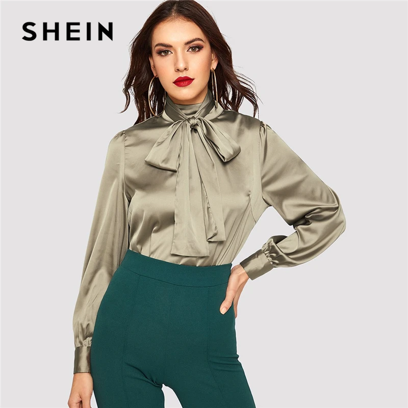 SHEIN Camel Tie Neck Buttoned Back Satin Top 2019 Women Spring Workwear ...