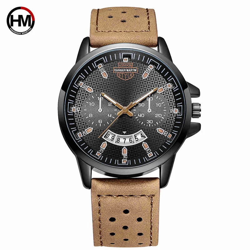 

HM Black Sport Man Watch Quartz Faux Leather Stainless Date 2 Eyes Waterproof Wristwatch Big Dial Military Quality A Best Sell