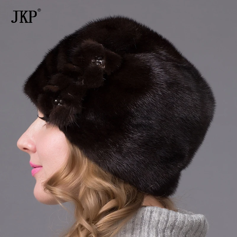 Русская зимняя меховая шапка для женщин, шапка из натурального меха норки с цветком, стильная новинка, теплая шапка