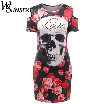 

Women Summer Dress Print Skull Love Red Floral Dress Sexy Sheath Short Sleeve Wrap Bodycon Off Shoulder Casual Mini TShirt Dress