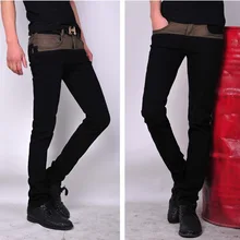 2015 new influx of male cat to be black stitching Slim feet stovepipe skinny jeans men