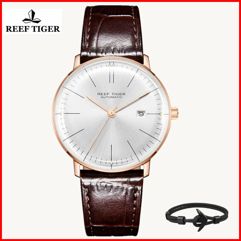 

2019 Reef Tiger/RT Top Band Luxury Dress Watch Men Rose Gold Automatic Brown Leather Strap Watches relogio masculino RGA8215