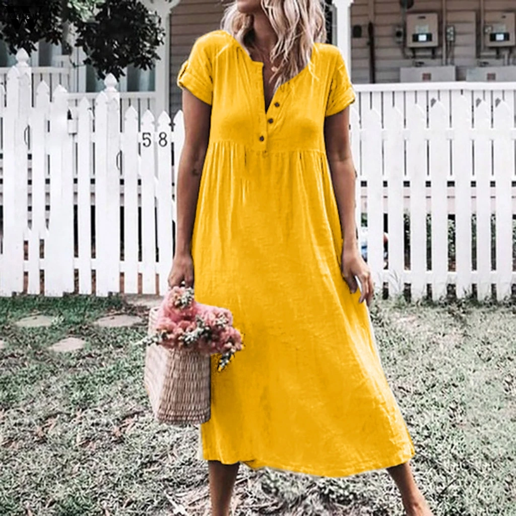 

Solid Casual Mid-Calf Dress Casual Short Sleeve Buttons Women 2019 New Summer Dresses Cotton White Dress Female Vestidos Apr26