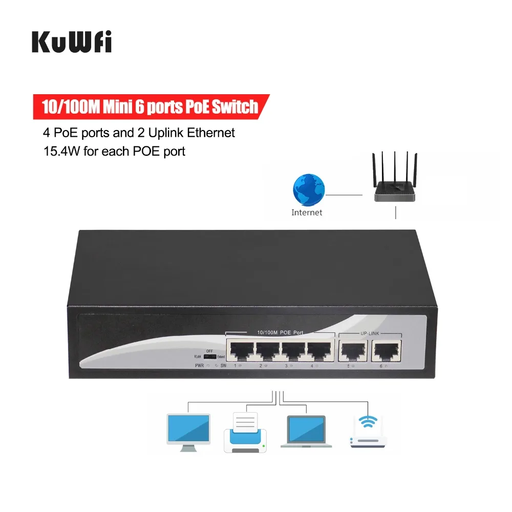 4 + 2 порта Ethernet сетевой коммутатор с 4 портами POE и 2 Uplink Ethernet IEEE 802.3af поддержка MDI/MDIX расширение 250 м