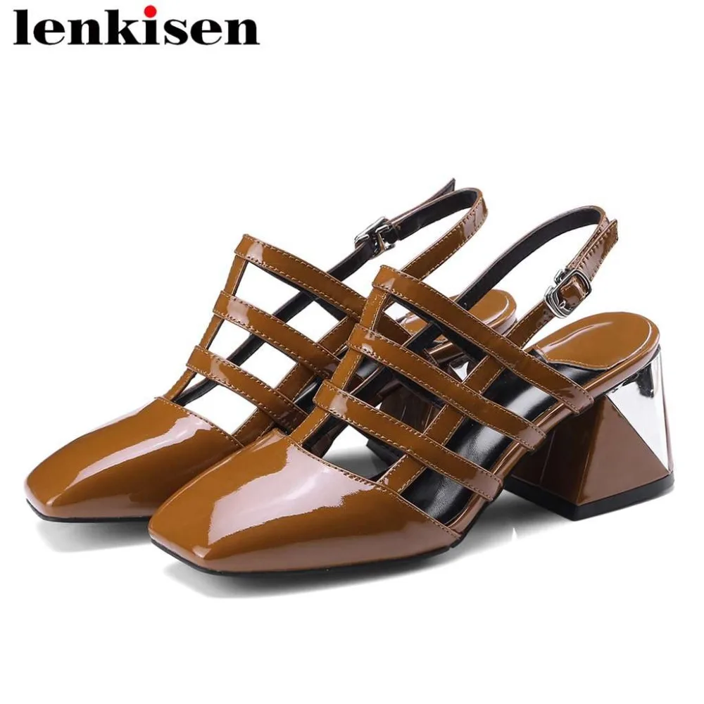 

Lenkisen vintage genuine leather chunky high heels buckle strap slingback women sandals large size square toe party shoes L77