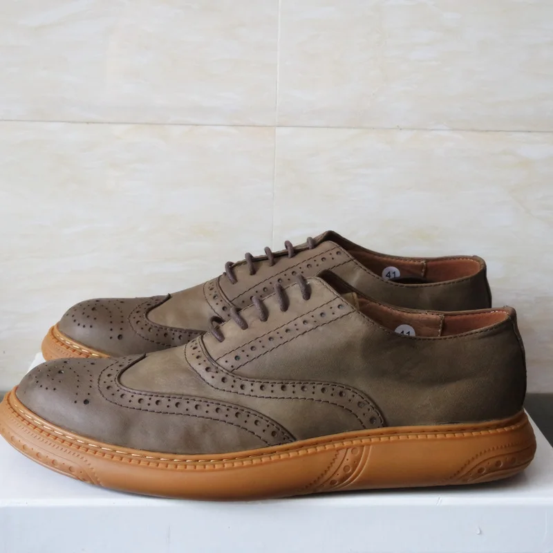 Clearance Sale !Size 8 Mens Retro Brogue Shoes Genuine Leather Round Toe Lace Up Craved Oxfords Chukkas Men Shoes