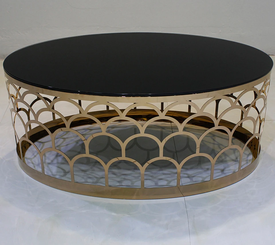 2017 hot sales new design stainless steel tempered glass tea table living round room simple circular creative coffee table 003