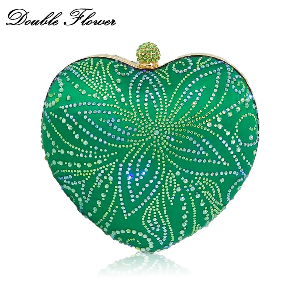 

Double Flower Heart Shape Green Crystal Women Flower Evening Clutch Wedding Party Cocktail Handbag Purse Bridal Diamond Clutches