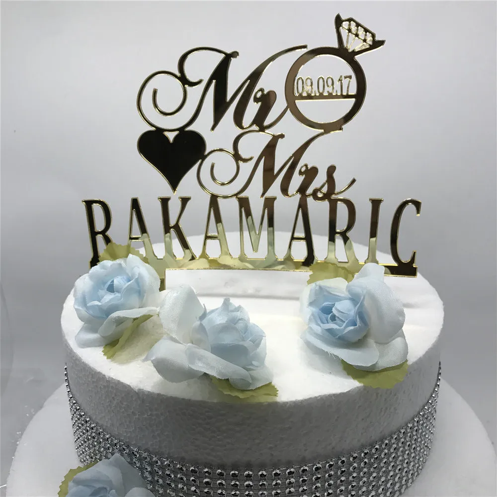 

Free Shipping Personalized MR MRS Diamond Wedding Cake Topper Wedding Decoration Custom Wedding Last name and date Cake Topper