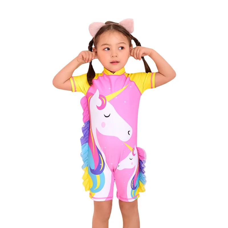 

One-Piece Girl Swimwear Surfing Clothing Beach Bathing Suit Short Sleeve Unicorn Sports Swimsuit Baby Boy Children Swimwear Kids