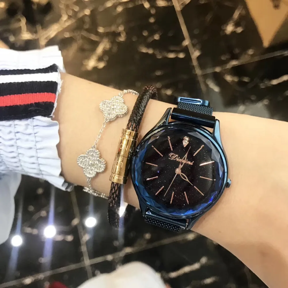 Модные Миланский Браслет часы для женщин высокое класс полный синий браслет часы магнит сталь наручные кварцевые Montre граненый 3BAR