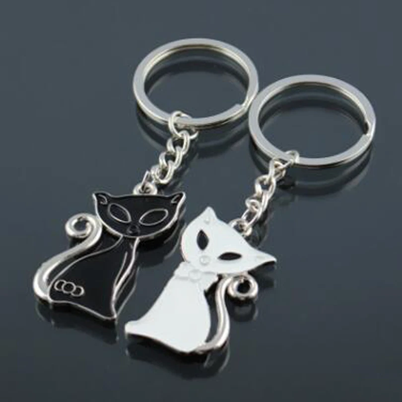 

10 Pair Cute Enamel Black White Cat Couple Key Chain Holder Bag Keyring Charm Metal Car Purse Keyfobs Lovers Gift J110