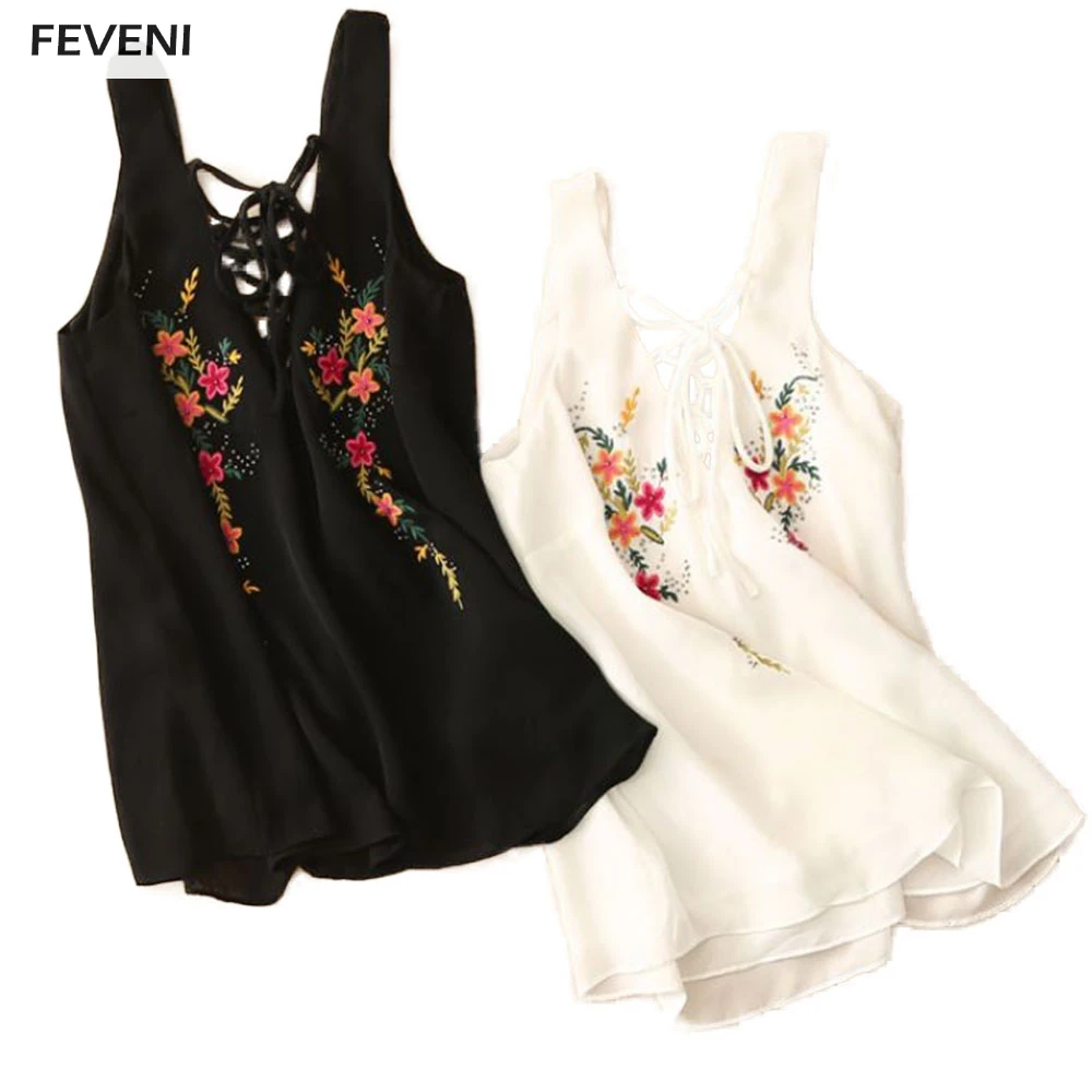 

Women Shirts 2018 Summer Korean Elegant Sleeveless Flower Embroidery Bandage Front T Shirt Ladies Tops Female Clothing Y03292