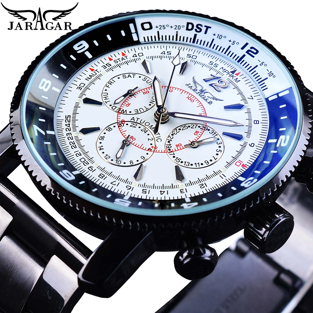 Jaragar Fashion White Men Watch 3 Sub-dials 6 Hands Calendar Multifunction Military Black Stainless Steel Band Male Wristwatches multifunction watches soccer referee watches stopwatch timer chronograph countdown football club male watch black