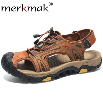 

Merkmak Summer Elastic Band Sandals Men Breathable Casual Male Leather Shoes Soft Footwear Outdoor Hiking Flat Men's Beach Shoes