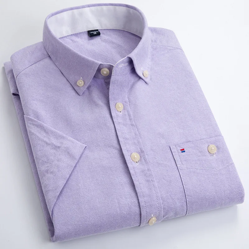 Хлопок, мужские рубашки с коротким рукавом, обычная посадка, одноцветная оксфордская деловая рубашка, мужские формальные рубашки с карманами на пуговицах, рабочая одежда - Цвет: purple DNJF03