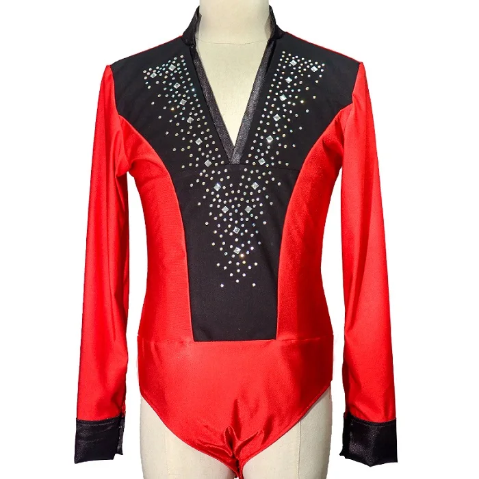 Latin Dance Top Rhinestone V-Neck Men Dance Shirt Ballroom Latin Dancing Clothes Professional Competition Dancewear DNV10996 - Color: Red