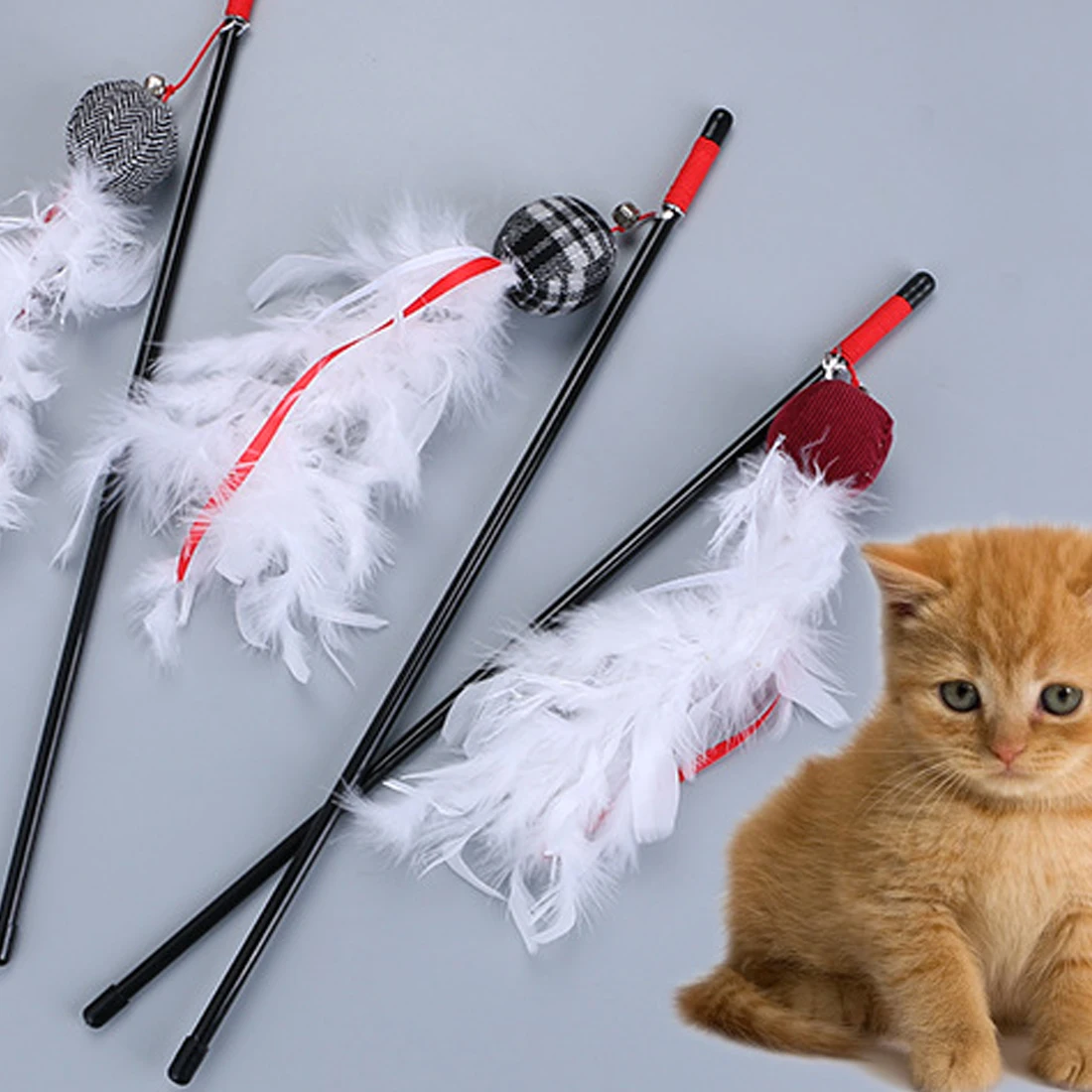 Pet Cat Teaser Furry Ball Feather Toys Cat Wand Catcher Teaser Sticks