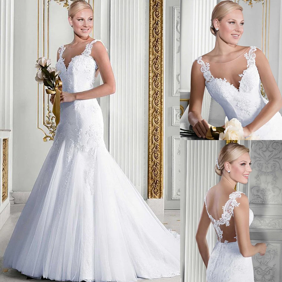 Fashionable Tulle Scoop Neckline Mermaid Wedding Dress With Lace Appliques Illusion Back See Through Bridal Dresses | Свадьбы и