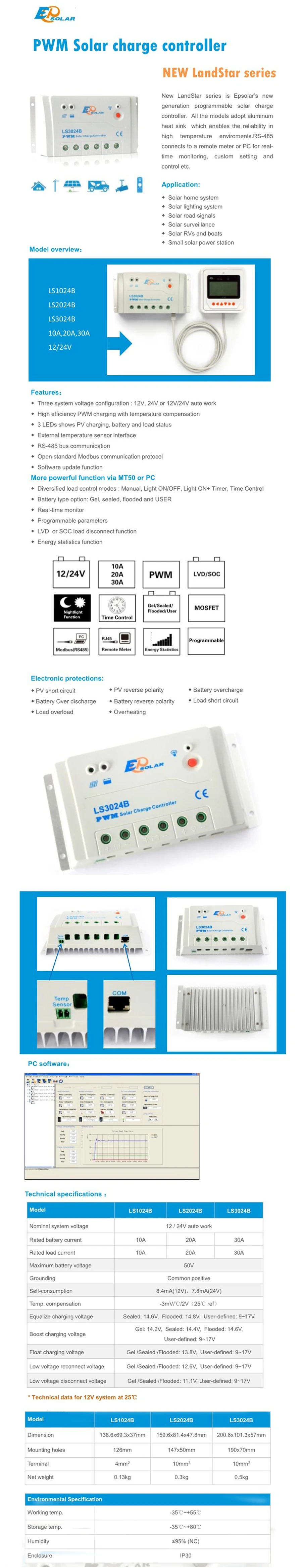 Regulador de Energia Controlador de Carga Sistema de Cabo Usb e Bluetooth Solar v Bateria Função Ebox Epever 20a Pwm Ls2024b 24 2 Regulador de energia Solar 20A PWM LS2024B