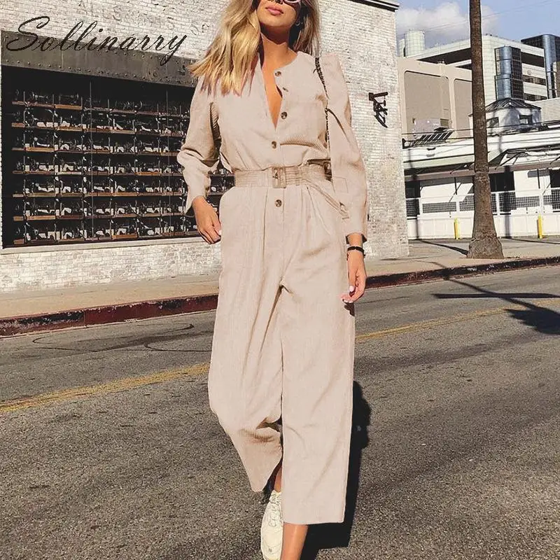 

Sollinarry New Fashion Autumn Casual Long Jumpsuit Women 2019 High Waist Button Corduroy Jumpsuits Romper Female Winter Romper