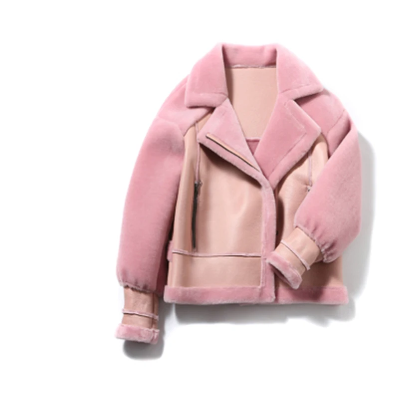 Зимняя женская куртка из натурального мериносового овечьего меха, куртка из искусственной кожи, мотоциклетная уличная черная верхняя одежда, повседневная Новинка - Цвет: Pink
