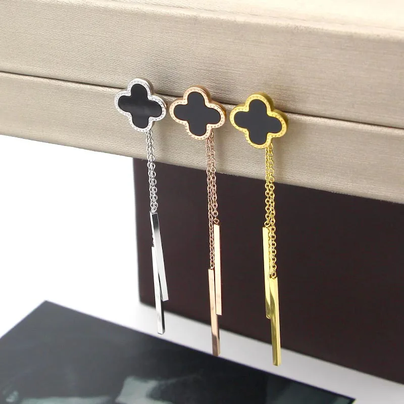 

Stainless Steel Black Luck Flower Long Tassel Dangle Earrings for Women Jewelry Gift