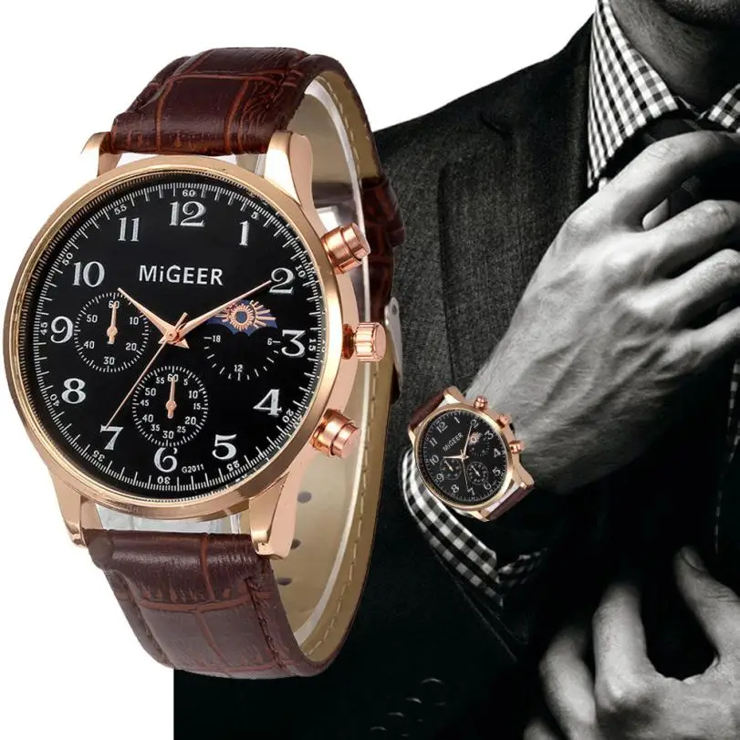 

MIGEER Retro Design Watch Men Top Brand PU Leather Band Analog Quartz Wrist Watches Mens Big Dial Black Business Watches #Zer