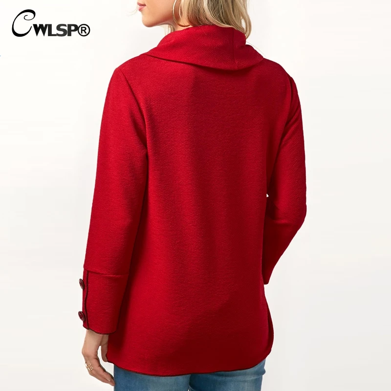 CWLSP 2018 Autumn Women Loose Hoodies Sweatshirt Casual Scarvf Collar with Buttons Tops Plus size Tracksuit Pullovers  QZ2515