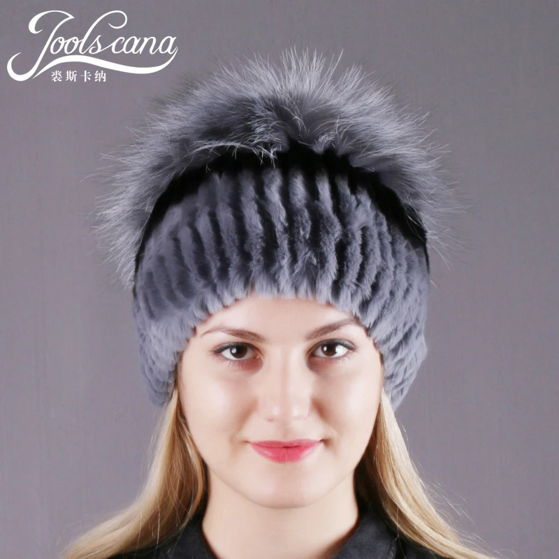 

Joolscana rabbit fur hat women winter hat 100% real fur cap rabbit with silver fox warm beanies 2018 new brand fashion skullies