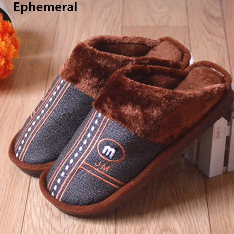 

Man Cotton Fabric Slippers Indoor Closed Toe Slides Winter Shearling Shoes Fur Super Plus Sizes 51 44 Brown Blue For Wide Foot