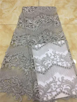 

3d Flower Latest African Laces 2019 sequins Burgundy/Gold Nigeria Embroidery Dress Beaded Tulle Lace Fabric For Party Grey green