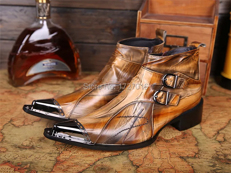 

Vintage Fashion Men Winter Boots Metal Pointed Toe Chelsea Ankle Boots Shoes Man Buckle Sapatos Masculino Leather Bota Hombre