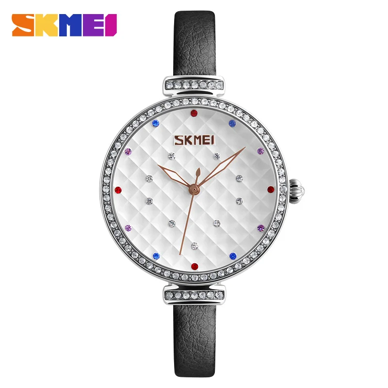 2017 New SKMEI Women leather watches Quartz Movement Rhinestones Dress Party Hours