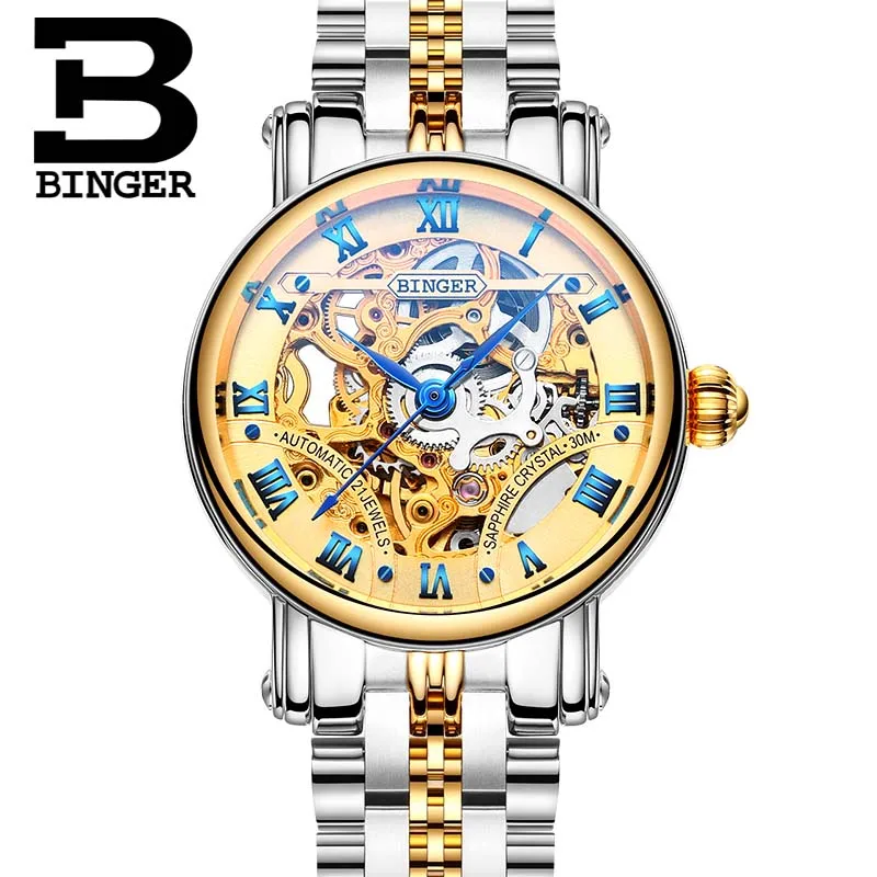 BINGER Luxury Gold Automatic Watches Skeleton Fashion Business Watch Men Mechanical Wristwatch Full Steel relogio masculino - Цвет: Women watch 02