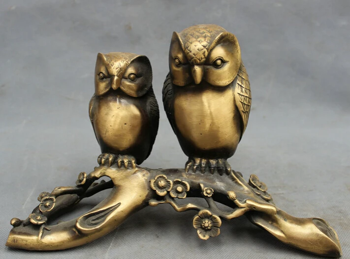 

S3597 10" Chinese Bronze Folk Home Wealth Bird 2 Owl On Club Tree Statue Sculpture D0318