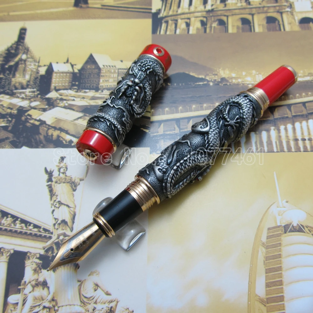 

Jinhao Chinese "double Dragons Playing With The Pearl" Heavy pen Antique Silver Advanced Fountain Pen with Gift Box J17FD5